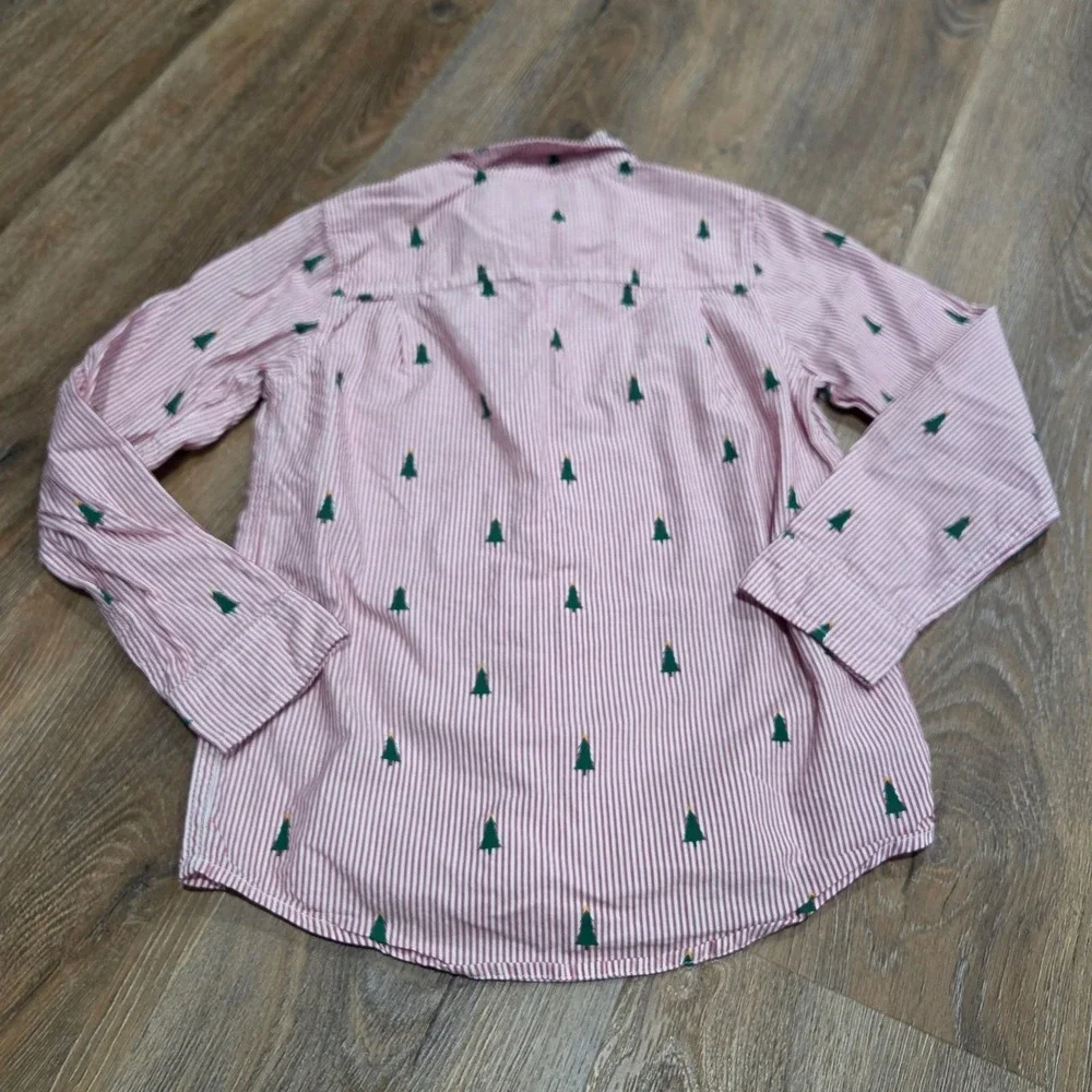 The Childrens Place Boys Red White Striped Christmas Tree Button Down Shirt 7/8